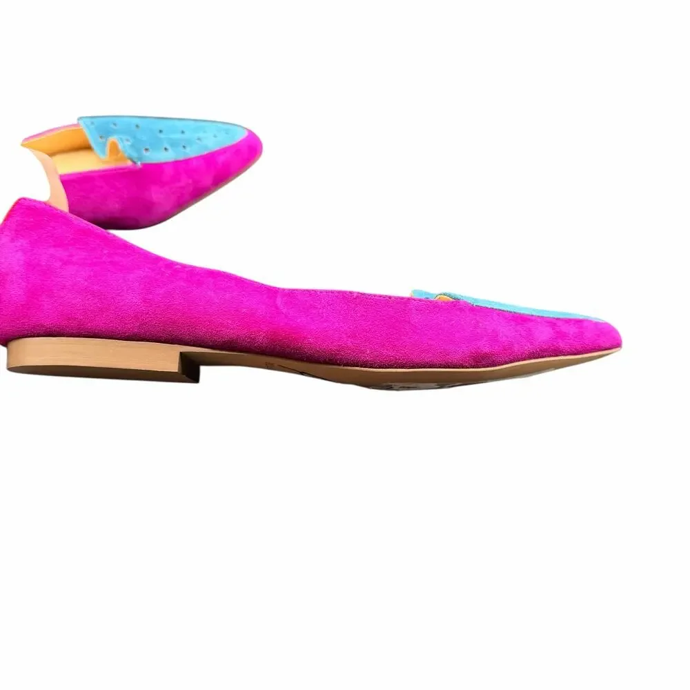 Brian Atwood Suede Flats 9.5 Pink Blue Pointed Toe Colorblock Perforated